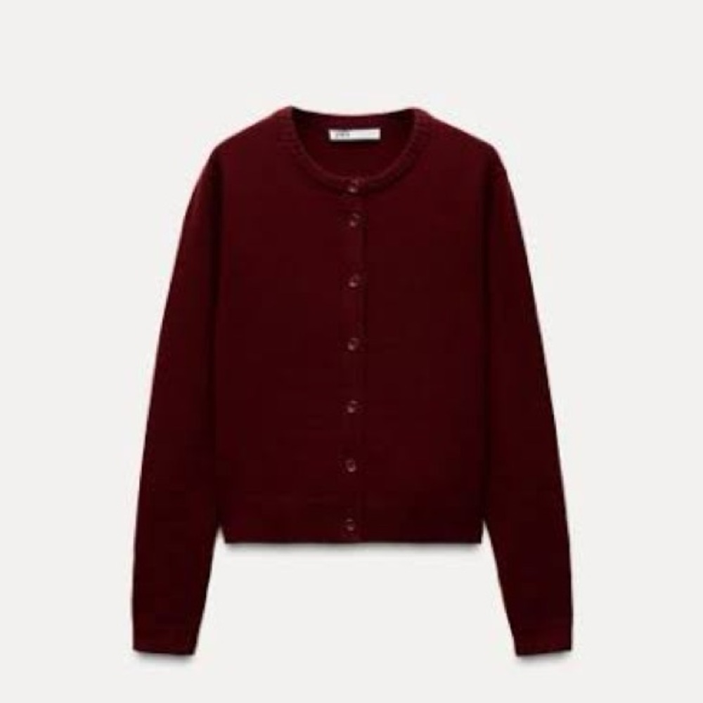 Zara Burgundy Button-Up Crewneck Cardigan